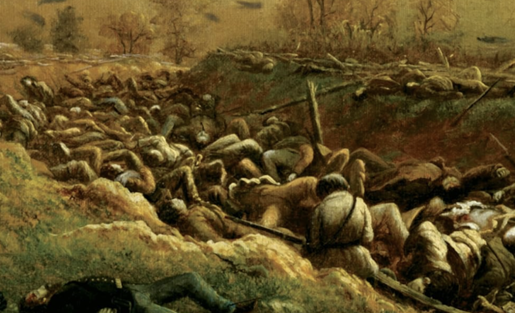 An illustration of soldiers lying in a large ditch.
